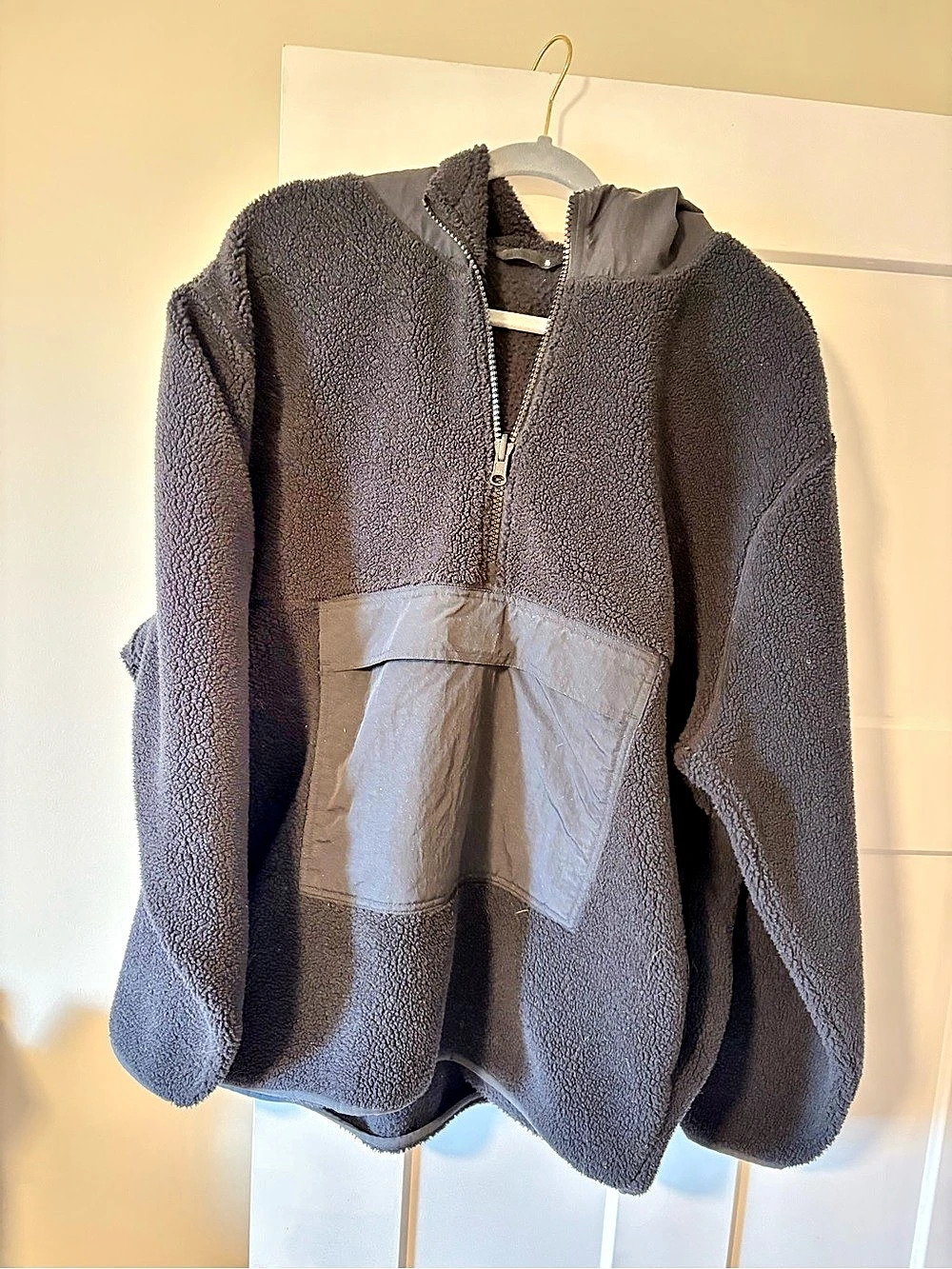 Oversized Sherpa 1/2 Zip Black Fleece Hooded Pullover